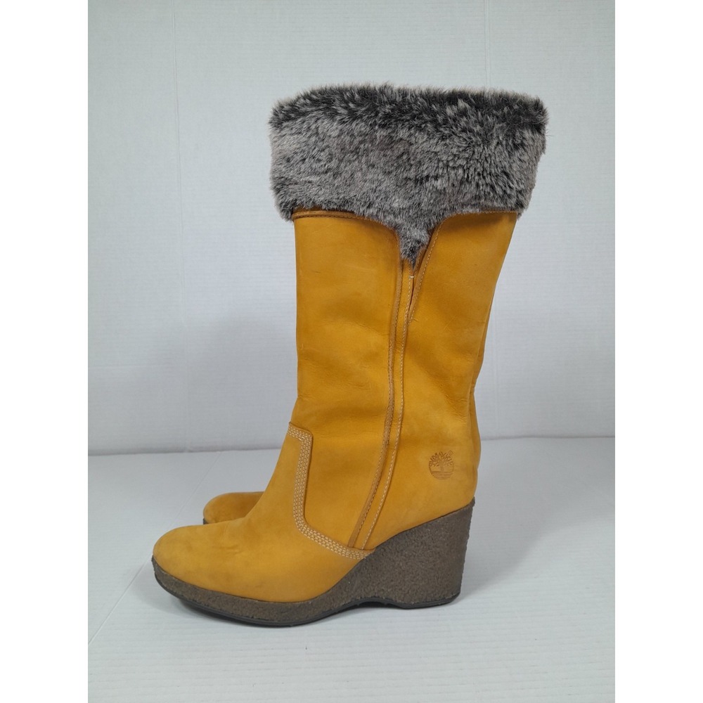 Timberland Calf High Wedge Boots Women 7.5M Tan Faux Fur Lined Vintage Y2k